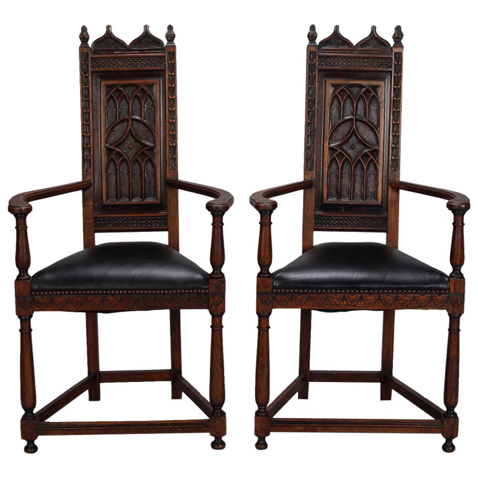 Pair of French Gothic Style Oak Hall Chairs