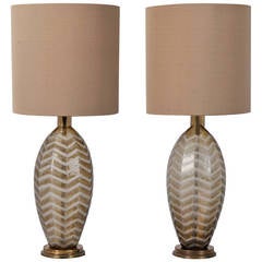 Pair of Taupe Etched Herringbone Design Glass Lamps