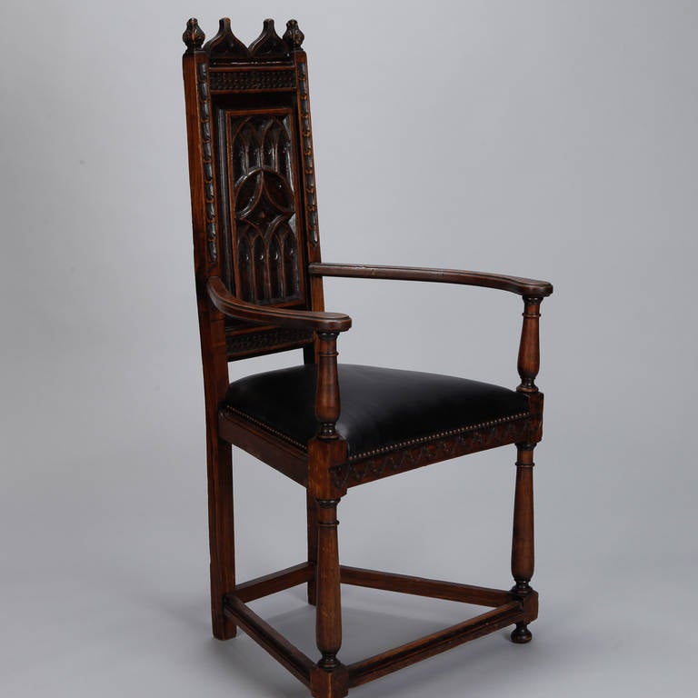 Pair of French Gothic Style Oak Hall Chairs at 1stDibs