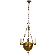 Small Round Neoclassical Three-Light Brass Fixture with Original Chain