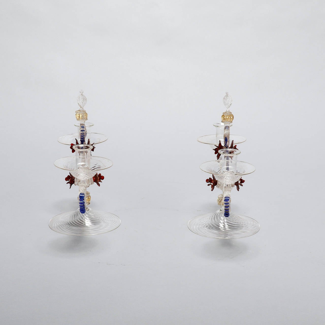 Italian Pair of Two-Light Venetian Glass Hand Blown Candlesticks