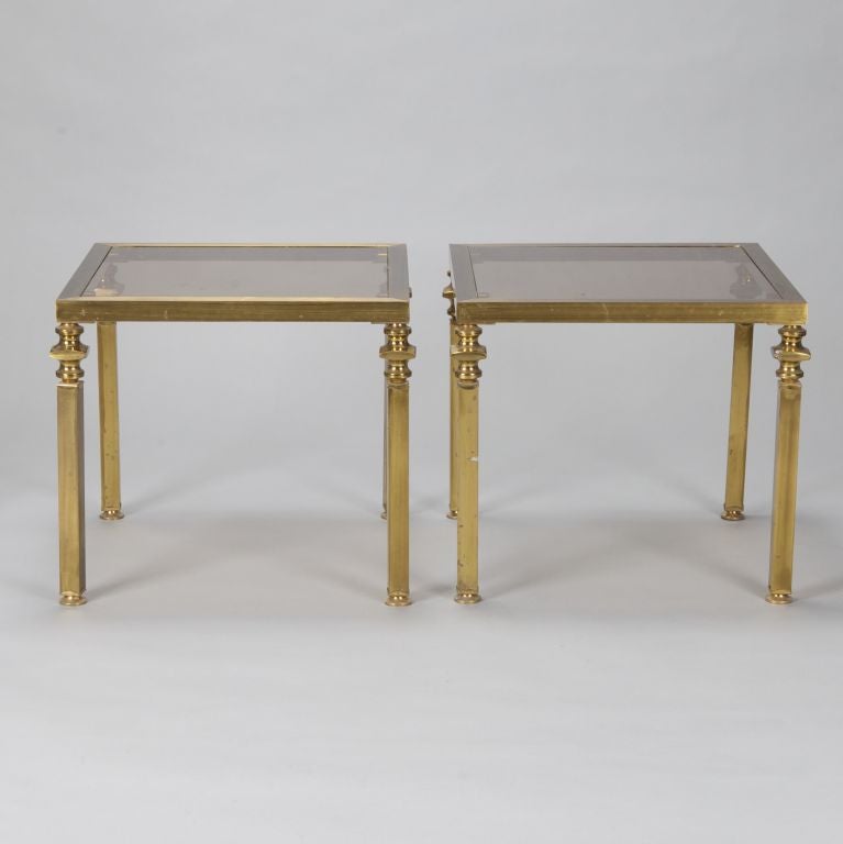 Pair French Deco Glass and Brass Side Tables