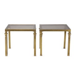 Pair French Deco Glass and Brass Side Tables