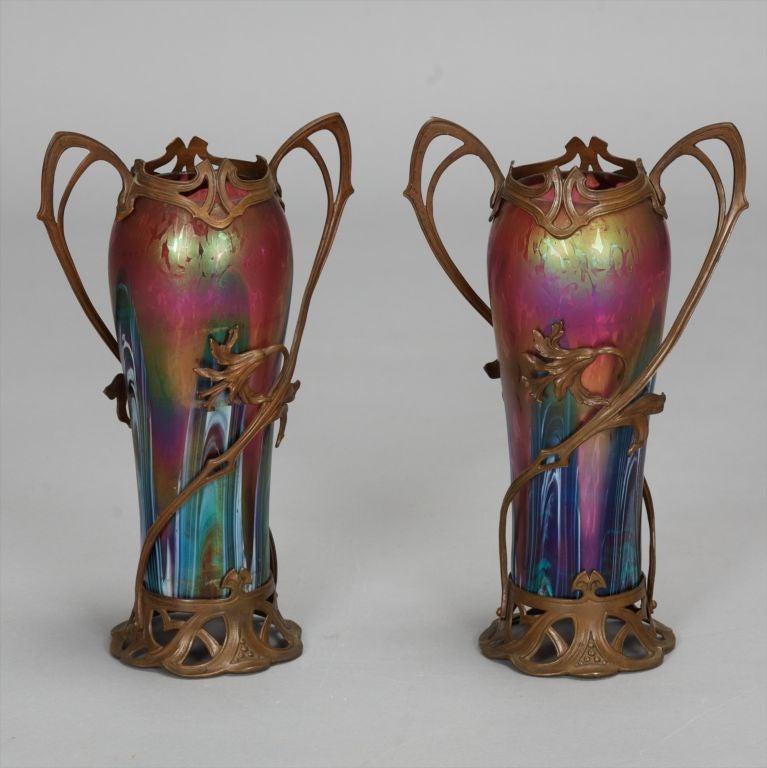 Pair Rindskopf Iridescent Vases in Spelter Surrounds