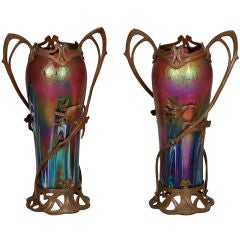 Pair Rindskopf Iridescent Vases in Spelter Surrounds