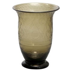 Tall Signed Daum Acid Etched Green Vase