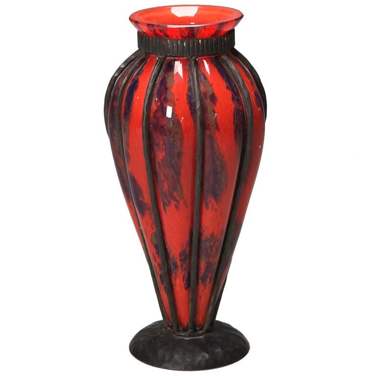 Daum Verreries d'Art Lorrain Red Vase with D'Avesn Iron Surround