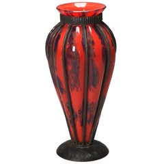 Daum Verreries d'Art Lorrain Red Vase with D'Avesn Iron Surround