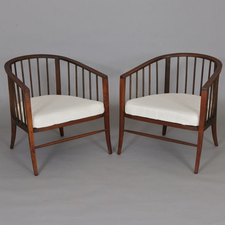 Pair Mid Century Walnut Barrel Back Arm Chairs