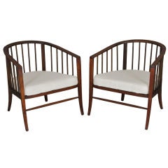 Pair Mid Century Walnut Barrel Back Arm Chairs