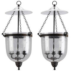 Pair of Etched Glass and Bronze Color Metal Lanterns