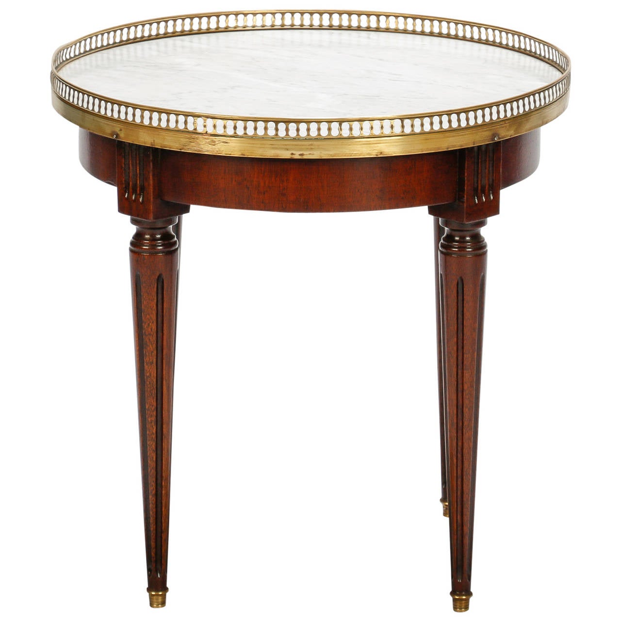 Small Round Wood Side Table with Brass Gallery and White Marble Top at