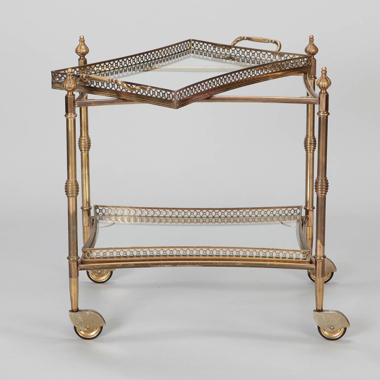 Two Tier Brass and Glass Serving Trolley with Removable Tray For Sale