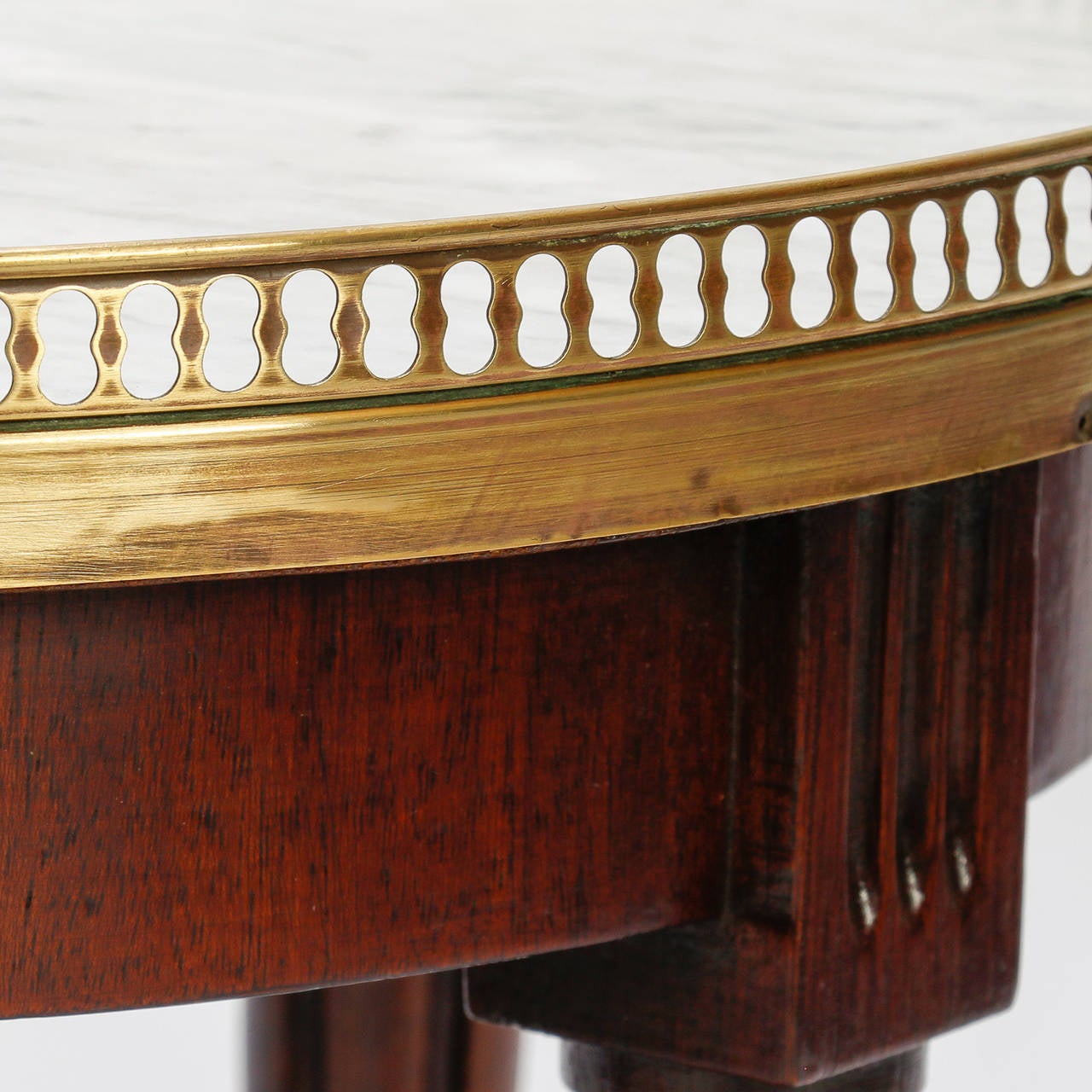 Carved Small Round Wood Side Table with Brass Gallery and White Marble Top