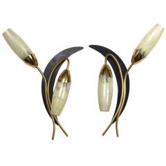 Pair French Deco Modernist Two Light Sconces