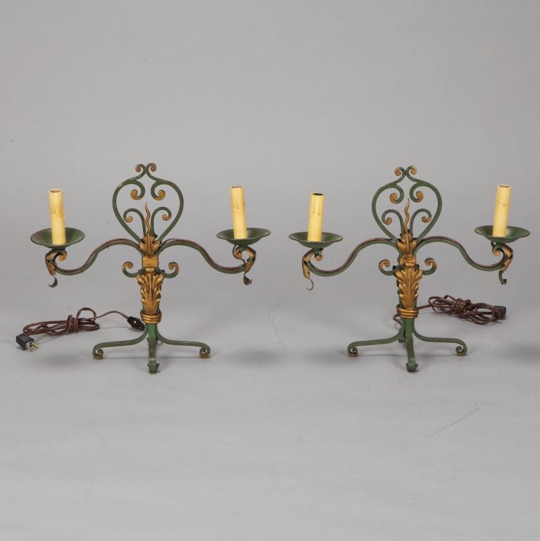 Pair FrenchTwo Light Green and Gilt Metal Candelabra Lamps