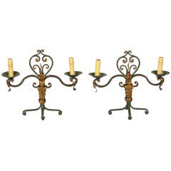 Pair FrenchTwo Light Green and Gilt Metal Candelabra Lamps