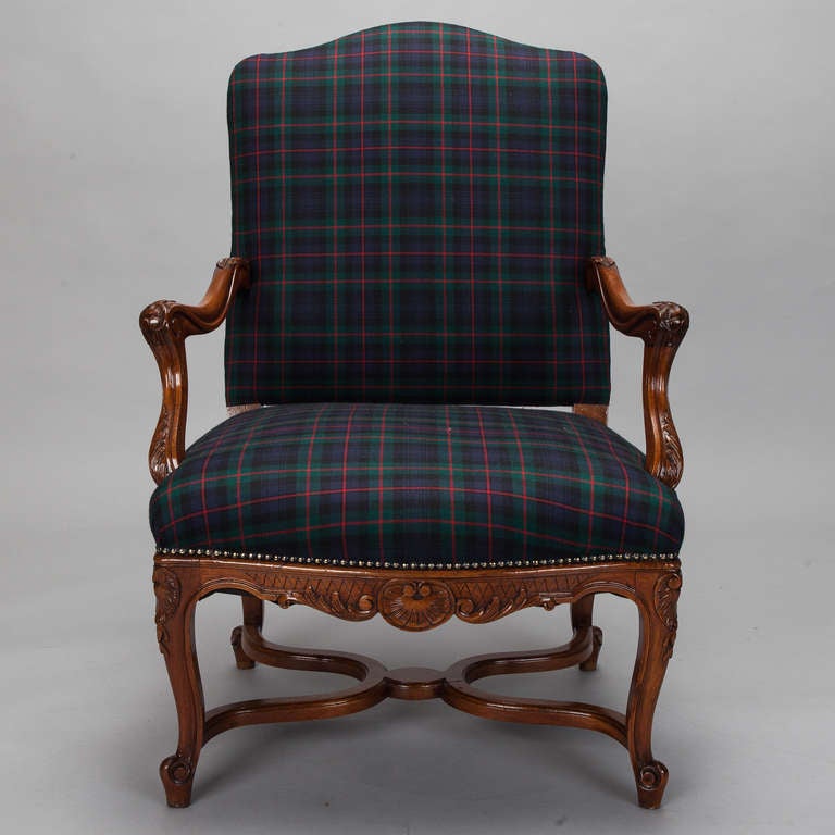 French Pair Louis XV Cabriole Armchairs with Blue Plaid Upholstery