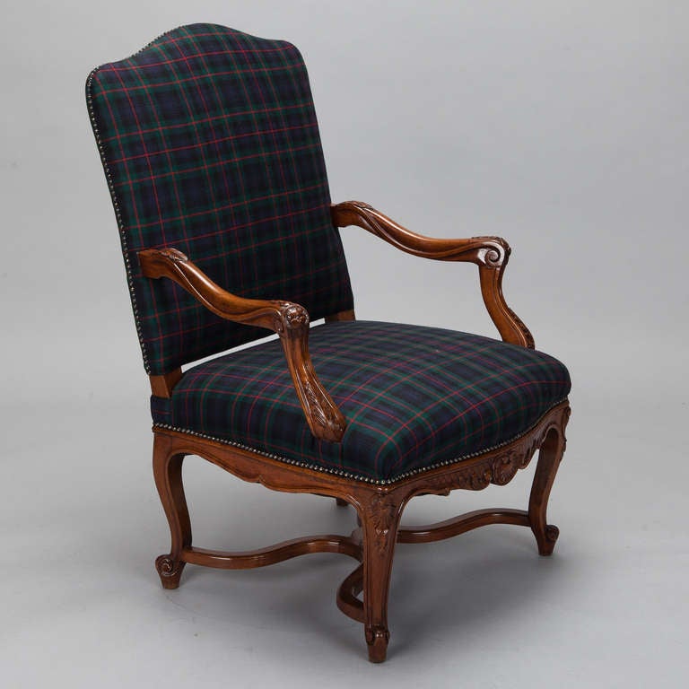 Wood Pair Louis XV Cabriole Armchairs with Blue Plaid Upholstery