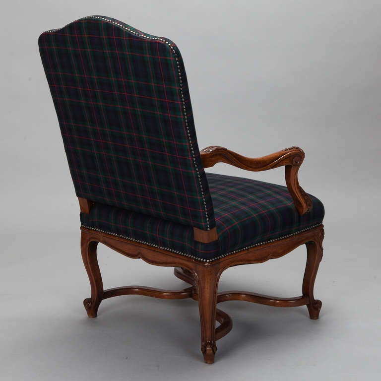 Pair Louis XV Cabriole Armchairs with Blue Plaid Upholstery For Sale at