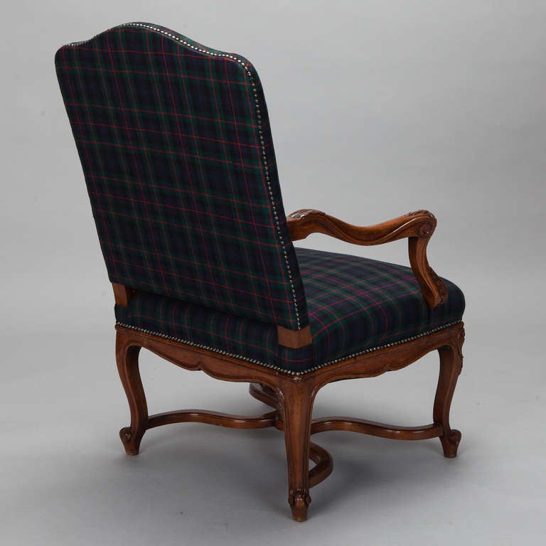 Pair Louis XV Cabriole Armchairs with Blue Plaid Upholstery 2