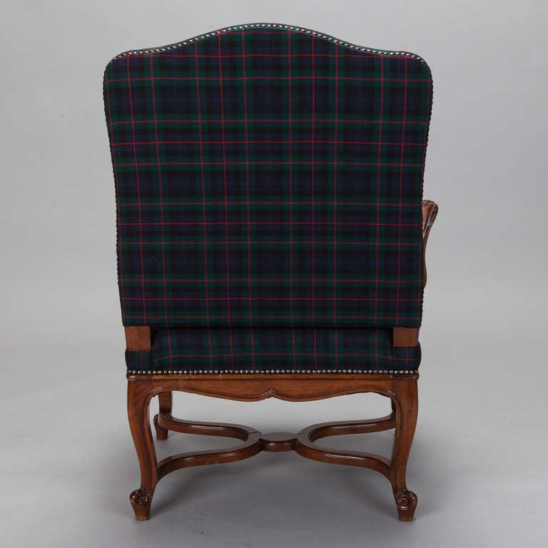 Pair Louis XV Cabriole Armchairs with Blue Plaid Upholstery 3