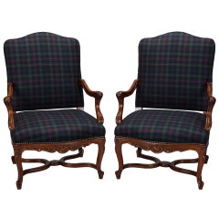 Pair Louis XV Cabriole Armchairs with Blue Plaid Upholstery