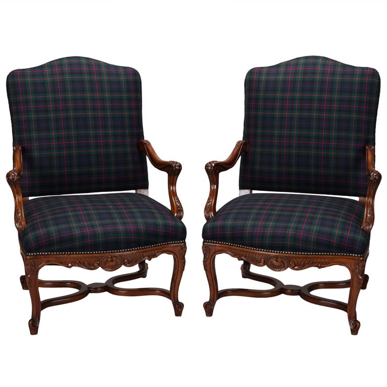 Pair Louis XV Cabriole Armchairs with Blue Plaid Upholstery For Sale at
