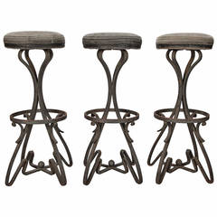 Set of Three Bar Height Stools with Fer Forge Base