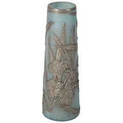 Vase Art nouveau bleu avec superposition d'étain