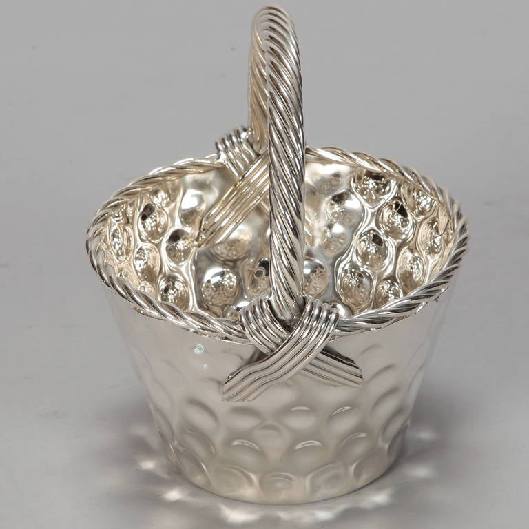 Unknown Mid-Century Hammered Nickel Plated Tall Handled Basket