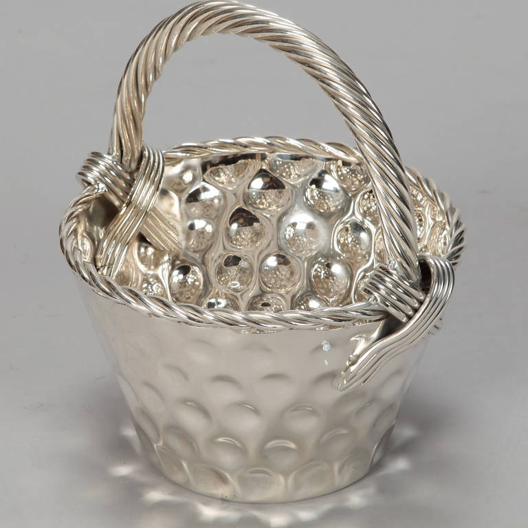 Mid-Century Hammered Nickel Plated Tall Handled Basket In Excellent Condition In Troy, MI