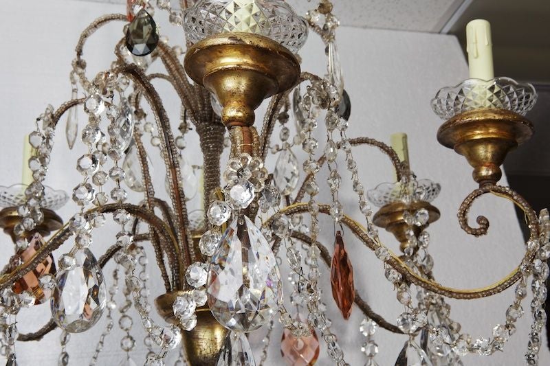20th Century Italian Six-Light Crystal Chandelier with Giltwood Bobeches