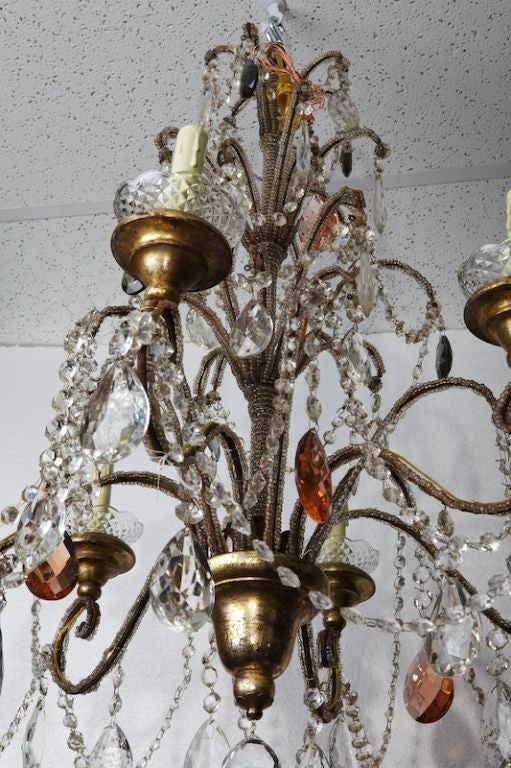 Brass Italian Six-Light Crystal Chandelier with Giltwood Bobeches