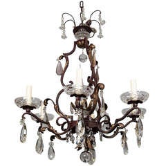 French Six Light Iron and Metal Chandelier with Large Crystals