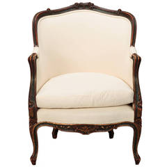 Antique French Bergere with Carved Dark Green Frame