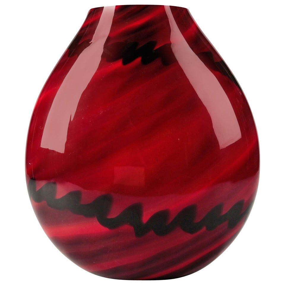 Tall Mid-Century Red and Black Murano Cased Glass Vase