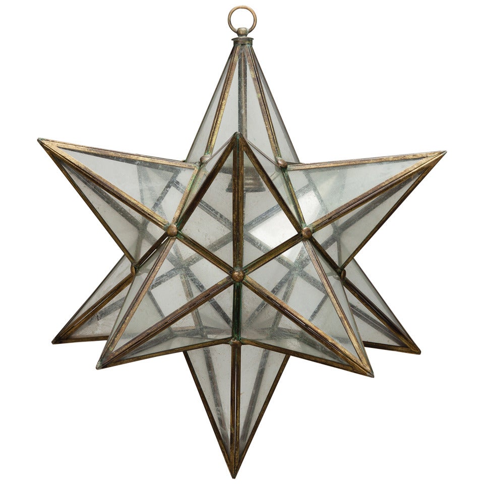 Large Italian Brass and Glass Star Shaped Lantern Fixture