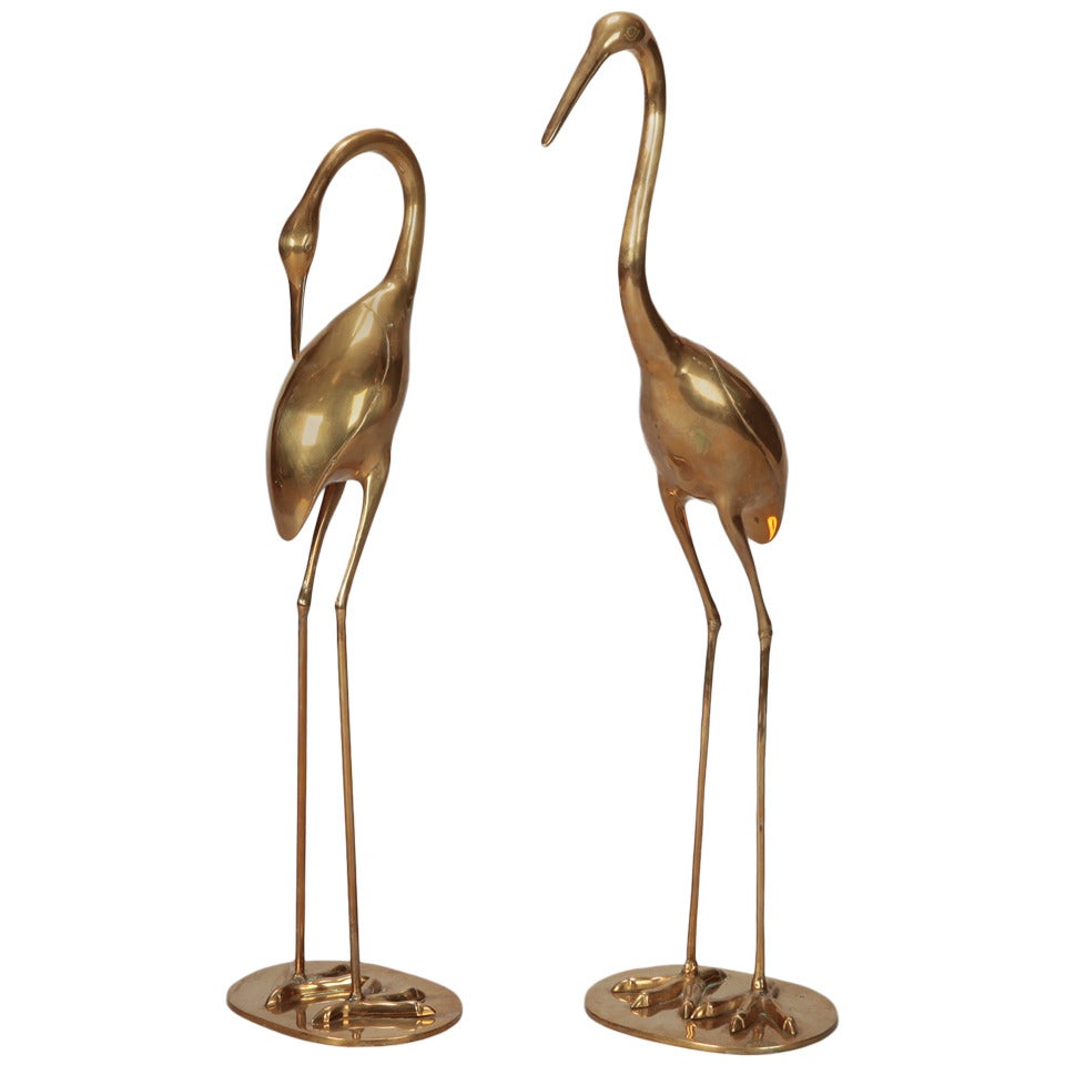Pair of Tall Mid-Century Polished Brass Herons