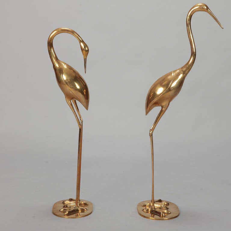 Mid-20th Century Pair of Tall Mid-Century Polished Brass Herons