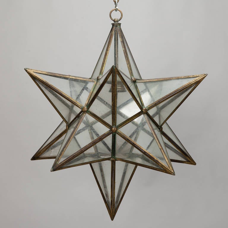 Large circa 1900 Italian 9 point star shaped light fixture with dark brass frame and clear glass panels. Newly wired for US electrical standards.