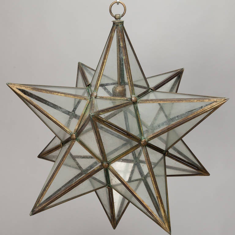 Large Italian Brass and Glass Star Shaped Lantern Fixture In Good Condition In Troy, MI