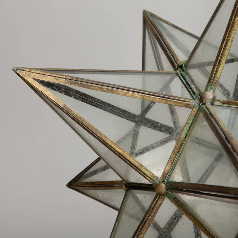 Large Italian Brass and Glass Star Shaped Lantern Fixture 1