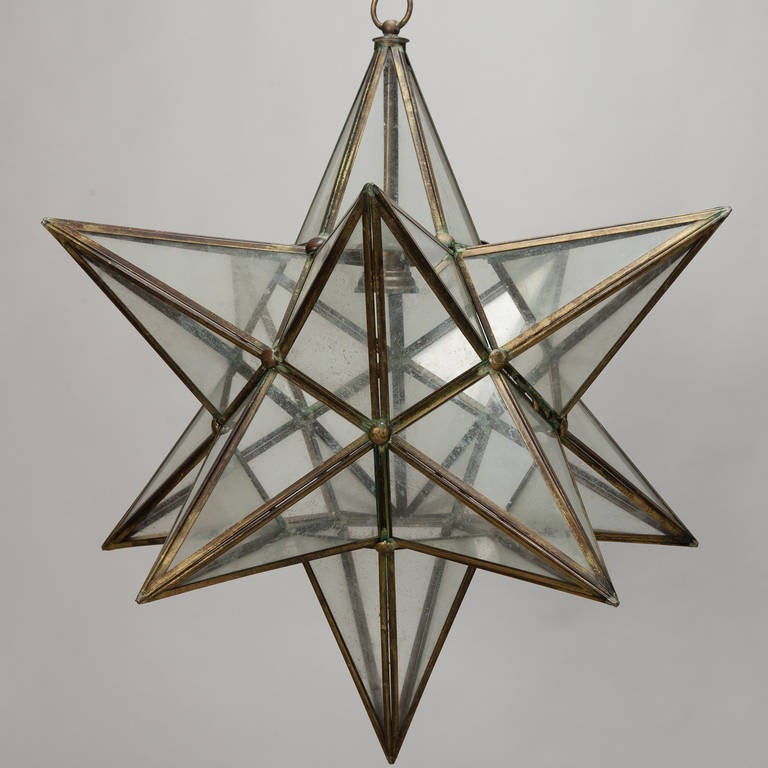 Large Italian Brass and Glass Star Shaped Lantern Fixture 2