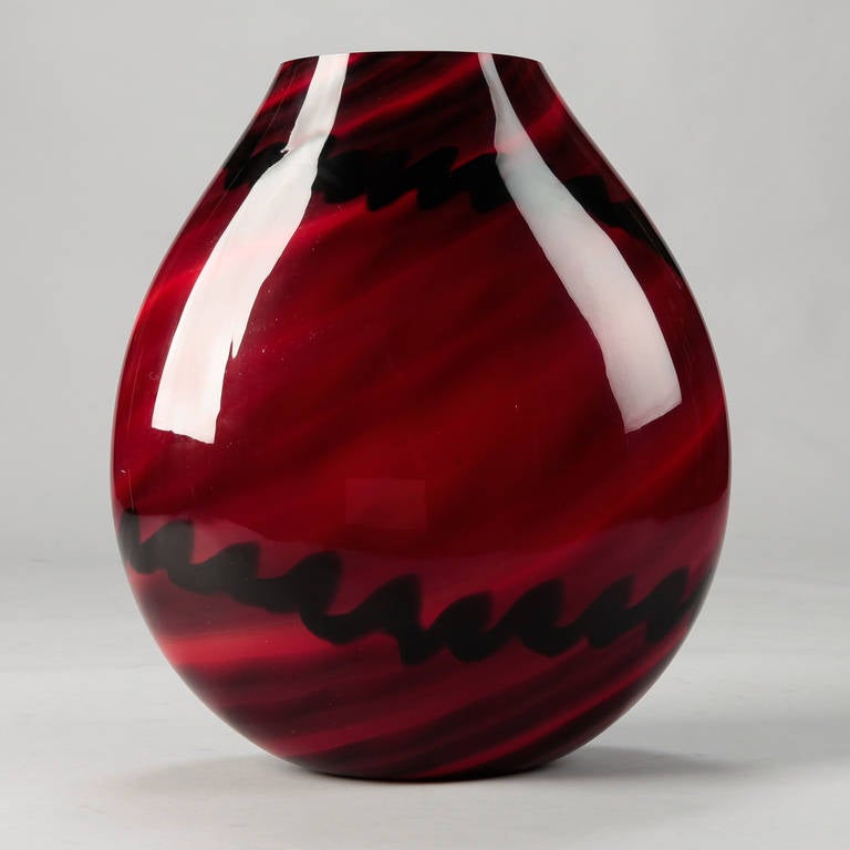 Tall Mid-Century Red and Black Murano Cased Glass Vase
