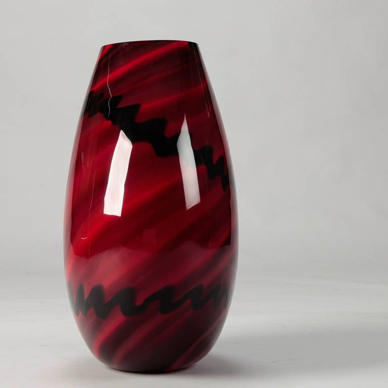 Tall Mid-Century Red and Black Murano Cased Glass Vase at 1stDibs