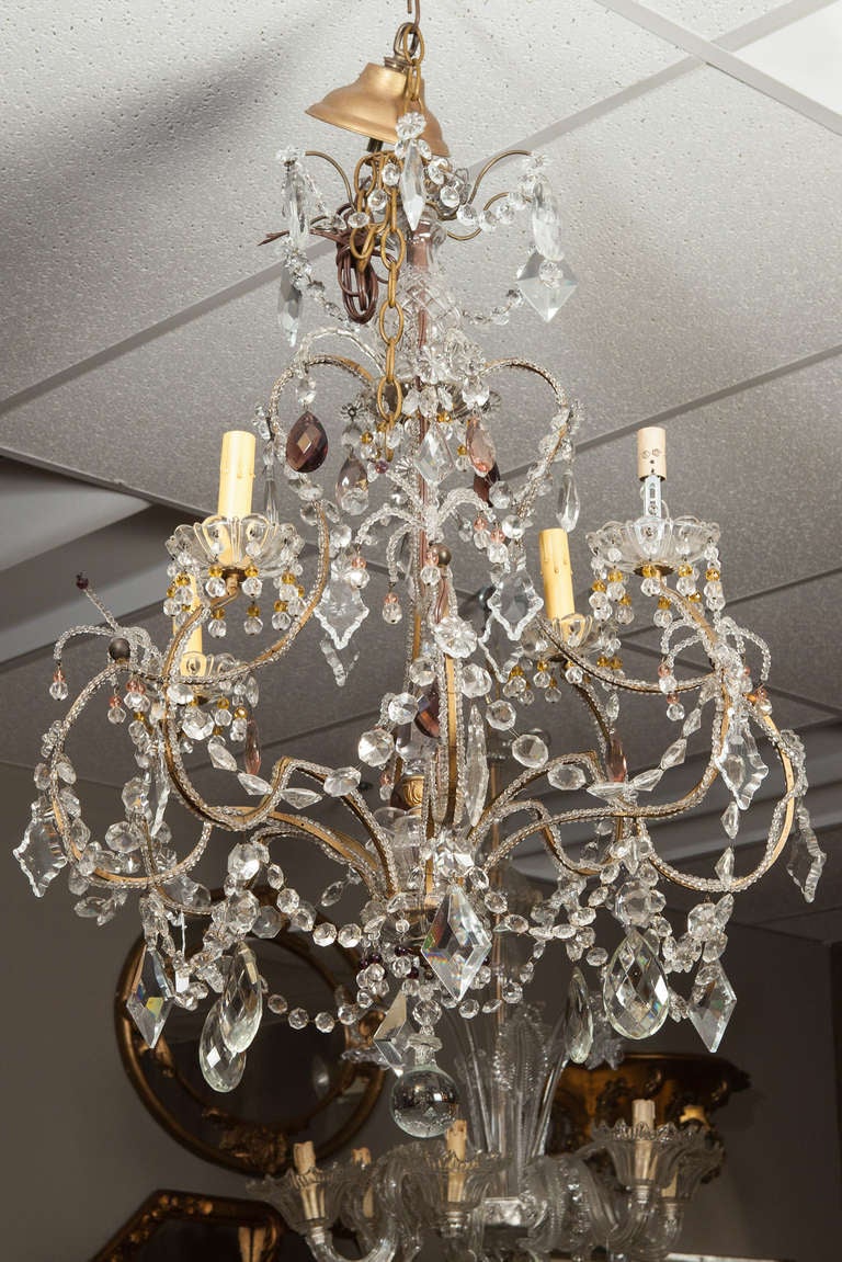 Brass French Four Light Crystal Chandelier