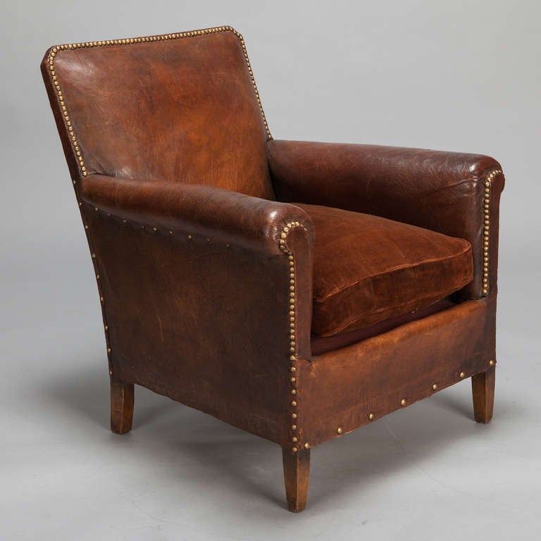 French Art Deco Leather and Velvet Club Chair In Good Condition In Troy, MI