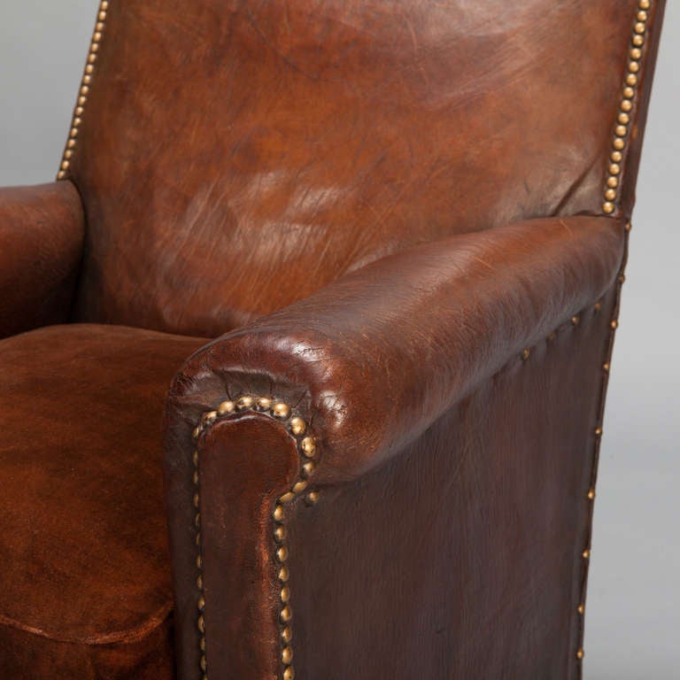 French Art Deco Leather and Velvet Club Chair 3