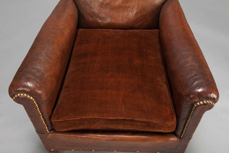 French Art Deco Leather and Velvet Club Chair 5